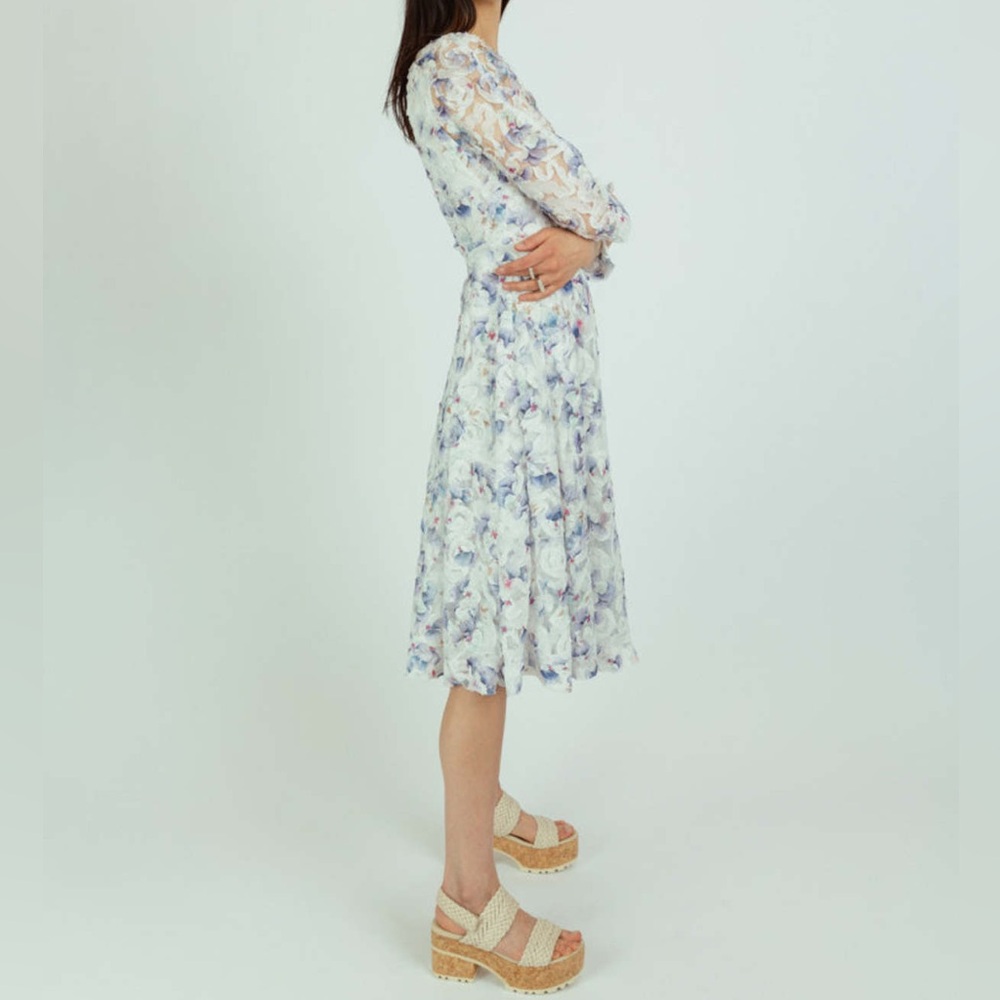 Nora Noh Indigo Pansy Dress Women’s Size 12 Floral 3D Midi 3/4 Sleeve Split Neck - Picture 7 of 16
